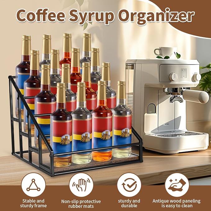 YQBRAO 2-Pack 4-Tier Coffee Syrup Organizer, 32-Bottle Total, Brown | Two racks hold up to 32 bottles total with stepped visibility for large coffee bars, kitchens, and beverage stations. - Image 2