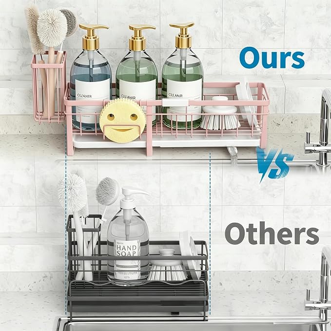 Extra Large Extendable Sponge Holder for Kitchen Sink Caddy Organizer | Rustproof Sink Caddy Organizer with High Brush Holder, Dish Soap Dispenser Organizers and Storage (Black) - Image 3