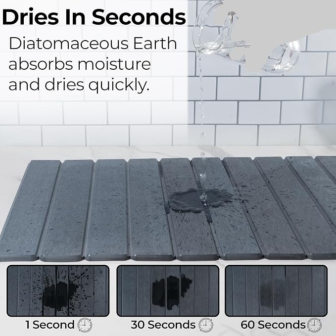 Large Stone Dish Drying Mat for Kitchen Counter, Roll up Pad -Dishes / Rack | Quick dry Fast absorbent sink pads, Diatomaceous earth Material, countertop dryer mats, Matt Finish- Dark Grey - Image 2