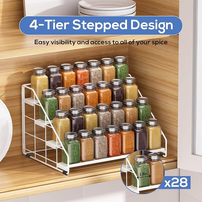 Spice Rack Organizer for Cabinet, 4 Tiered Spice Rack Organizer, Tiered Adjustable Spice Shelf for Kitchen (White-1Pcs) - Image 3