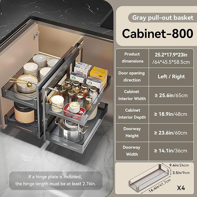 Blind Corner Cabinet Pull Out 13", 14.1", 15.3", 16.9", 2 Tier Kitchen Cabinet Organizer, Left & Right Open Compatible, Blind Corner Kitchen Cabinets - Image 3