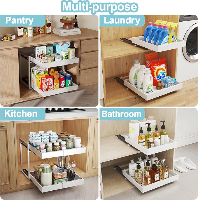 2-Tier Expandable Pull Out Cabinet Organizer, Cabinet Drawers, 21"D | Cabinet Pull Out shelves, Adjustable Pantry Drawers, Slide Out Drawers for Kitchen Cabinets, Under Sink Organizer,Large White - Image 7