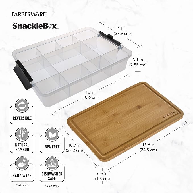 Farberware Build Snacklebox Serving Tray with Locking Bamboo Cutting Board Lid, Portable Storage Container with Compartments for Charcuterie, and More, Natural (Pack of 4) - Image 7