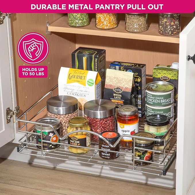 HOLDN’ STORAGE Pull Out Cabinet Organizer, Pantry Drawer, 20"W x 21"D x 5"H | Heavy-Duty Full-Extension, Roll Out Shelf for Pots, Pans & Under Sink Storage, Chrome, Require a 21.25"W Cabinet Opening - Image 5