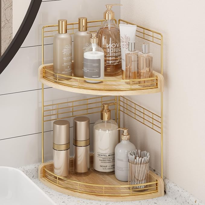 Bathroom Countertop Corner Organizer for Small Spaces, 2-Tier Counter Shelf | Oak Wood & Iron Counter Shelf for Sink & Vanity Corners, Skincare, Toiletries, Space-Saving, Compact Vertical Storage Natural by JNFUZ