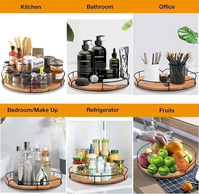 Lazy Susan Turntable Organizer with Anti-Slip Mat for Cabinet Pantry Kitchen Countertop Refrigerator Office, Pine Wood, 13", Carbonized Black - Image 8
