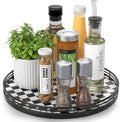 AMH 12 Inch Black and White Checkerboard Lazy Susan with Oak Wood Base | Smooth rotating oak tray with walnut finish for dining tables, kitchen counters, pantries and cabinet storage. by AMH