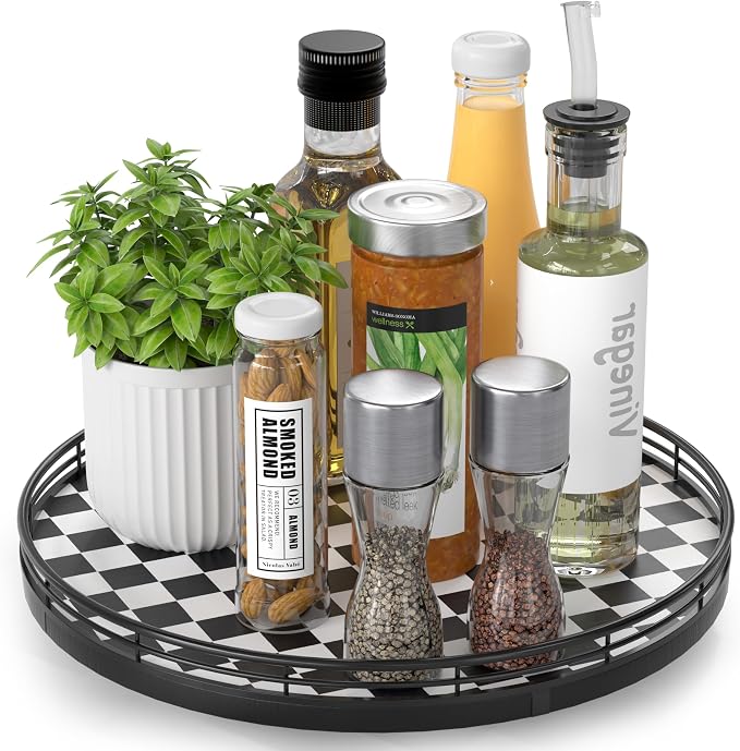 AMH 12 Inch Black and White Checkerboard Lazy Susan with Oak Wood Base | Smooth rotating oak tray with walnut finish for dining tables, kitchen counters, pantries and cabinet storage. by AMH