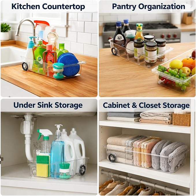 2 Pack Refrigerator Organizer Bin with Wheels, Roll Out Pantry Storage with Dividers, Clear Plastic Refrigerator Drawer, Upgrade Thick Fridge Caddy for Under Sink, Kitchen Organization - Image 7