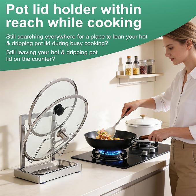 2 in 1 Stainless Pot lid holder & Cutting board holder for Kitchen, 2-Tier | Compact size with detachable drip tray, Kitchen Pot Lids Storage Rack and Organizer for various lid sizes & handles. - Image 2