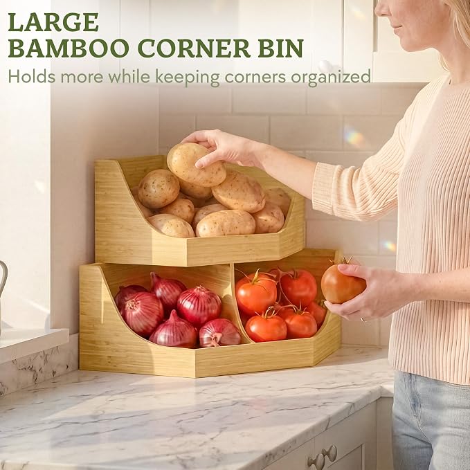 HOMESTEAD Bamboo Corner Storage Bin, 2-Tier Stackable Potato and Onion Storage Bin for Kitchen Counter Corner Shelf, Wooden Produce Storage Pantry Organizer, Fruit & Vegetable Holder, Large - Image 2