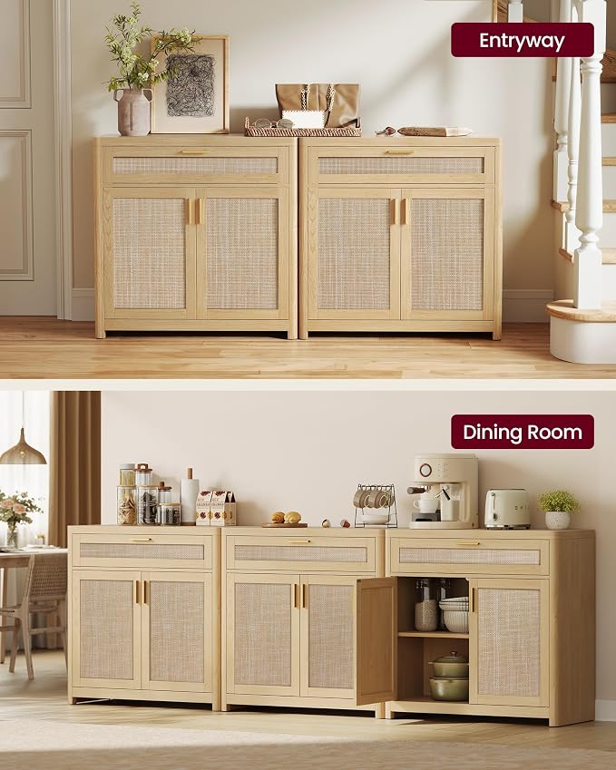 VASAGLE ELLAN Collection - Boho Buffet Cabinet with Rattan-Look Doors, Sideboard Storage Cabinet, Rounded Corners, Adjustable Shelf, Drawer, for Kitchen, Oak Beige UBBK601YC01 - Image 7