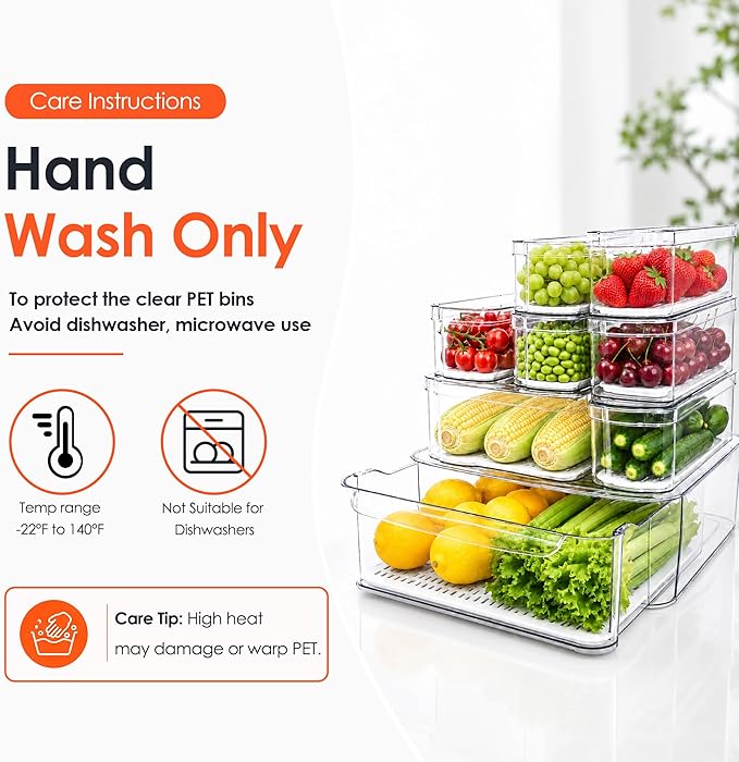 SMRCAD 8 Pack Clear Fridge Organizer Bins with Drain Trays - Stackable | BPA-Free PET, 8 Pack: 1 Drawer + 7 lidded Bins, Helps Keep Produce Fresh, 18.3L Capacity, Hand Wash Only - Image 2