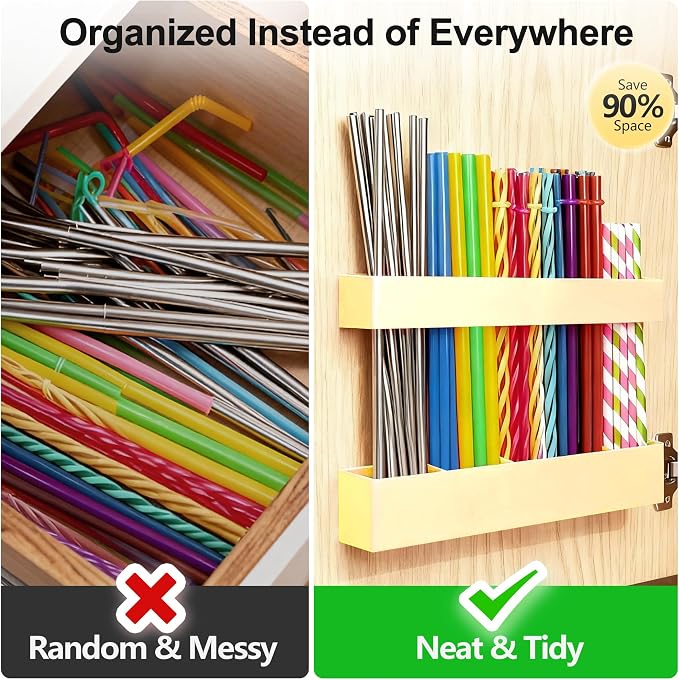 9.5” Large Acrylic Straw Holder for Cabinet Door, Adjustable Two-Part | Reusable Straws Organizer with Ultra Sticky Adhesive Strips, 2026 Straw Storage for Kitchen Cupboard (Milky Yellow) - Image 6