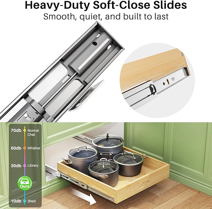 2Pack Pull Out Cabinet Organizer, Soft Close Wooden Slide Out Drawers for Pots, Full-extension Roll Out Shelves for Kitchen Cabinets, Pantry Organization, Bottom and Side Mount(15"W X 21"D x 3.4''H) - Image 4
