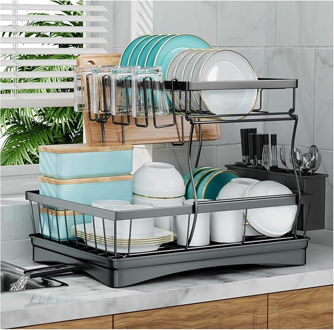 7 code 2-Tier Large Dish Drying Rack for Kitchen Counter, Black | Detachable Large Capacity Dish Drainer Organizer with Auto Drain, Anti-Rust Dish Rack with Cup & Utensil Holders by 7+code