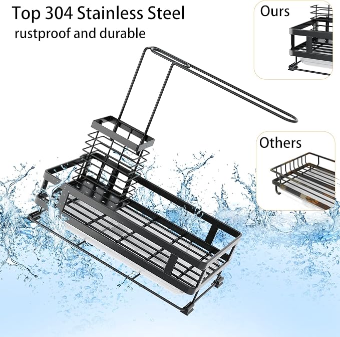 Kitchen Sink Organizer with Brush Rack - Sink Caddy with Drain-Pan | Stainless Steel Sponge Holder for Kitchen Sink with Towel Rack, Organizer for Dish Soap Dispenser, 10.5"L × 5.9"W × 10.5"H - Image 5