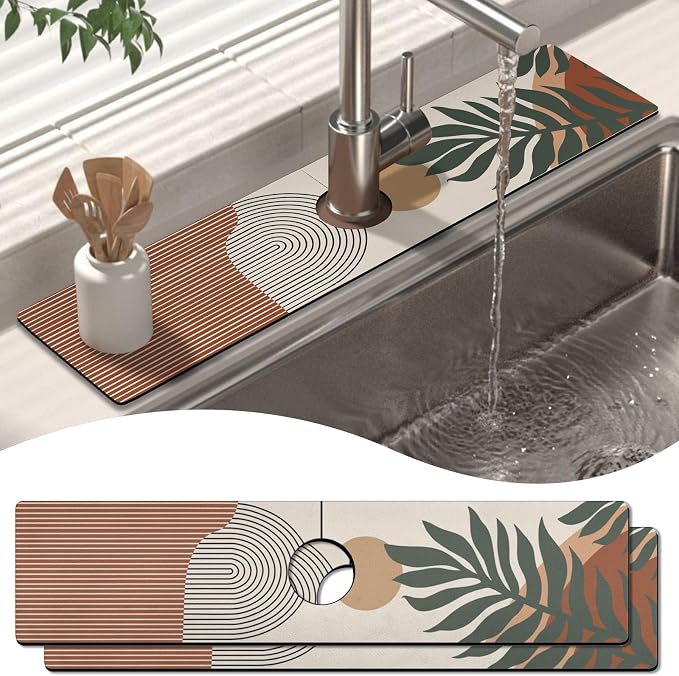 2 Pack Kitchen Sink Splash Guard Faucet Mat 24" X 5.5" Boho Absorbent Fast Drying Mat Faucet Draining Mat Sink Splash Guard Behind Faucet Drip Catcher for Kitchen Bathroom by Unknown