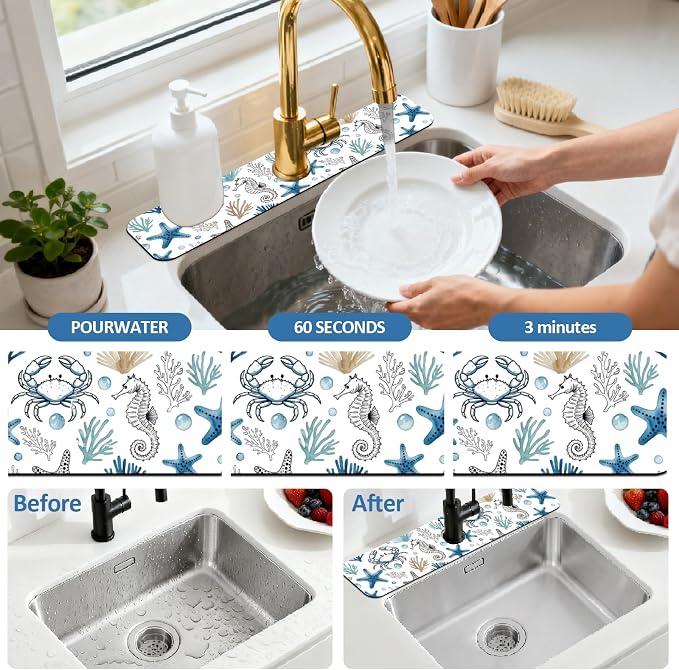 2 Pcs Marine Animals Kitchen Sink Splash Guard Faucet Mat | Faucet Mat for Sinks Absorbing Drying Mat for Kitchen Bathroom, 23.6x5.5inch - Image 5