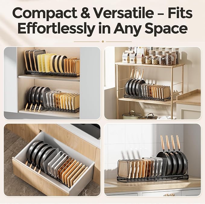 MUDEELA Expandable Cutting Board Organizer Pot Lids Rack 15 Dividers 2-Pack | Expandable Pots and Pans Organizer under Cabinet, 15 Adjustable Dividers, Fits Bakeware Cookie Sheet Baking Tray Muffin Tin - Image 7