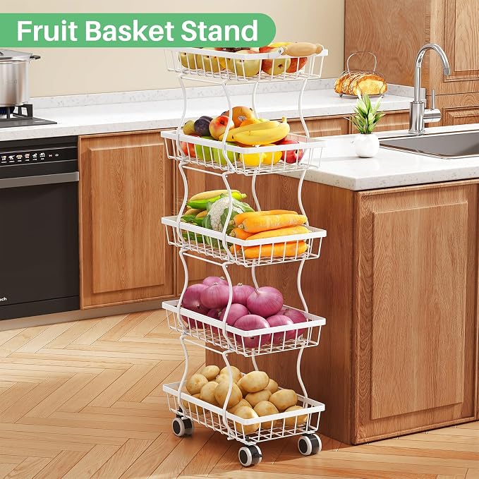 SAYZH 5-Tier Fruit Basket Stand with Vegetable Baskets for Kitchen, White | Stackable Metal Wire Basket, Sturdy Rolling Storage Carts for Kitchen, Pantry Organizer, Snack and Jar Storage - Image 5