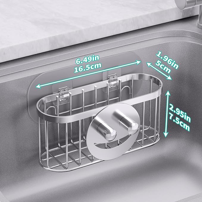 HapiRm Sink Caddy Sponge Holder - 2 Installation Ways Kitchen Sink Organizer with Smiley Face Sponge Holder, Stainless Steel Kitchen Caddy - Silver - Image 5