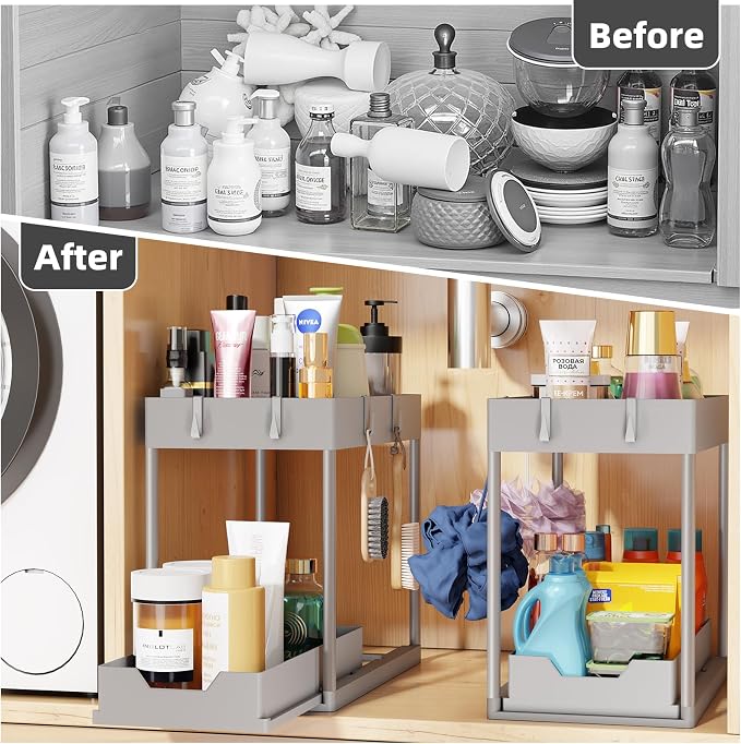 Simple Trending Under Sink Organizer 2 Pack, with Sliding Drawer, Grey | 2-Tier Multi-Use Under Shelf Organizer with Hooks, Sink Pull-Out Sliding Storage Cabinet for Kitchen Bathroom, Easy Assembly - Image 3
