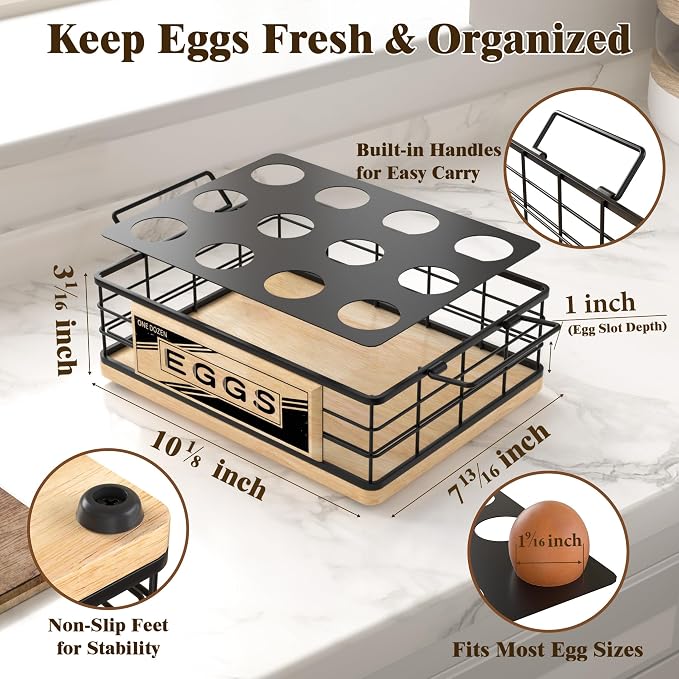 Farmhouse Egg Holder Countertop, Oak Wood & Metal Egg Basket with Handles | Stackable Rustic Egg Tray Organizer for Kitchen Counter, Holds 12 Eggs, Removable Divider for Fresh Egg Storage, Natural - Image 5