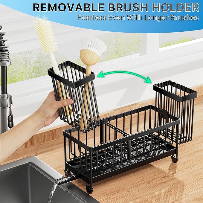 Cisily Sponge Holder for Kitchen Sink, Sink Organizer with Brush Holder | Kitchen Countertop Organizers and Storage Essentials, Rustproof 304 Stainless Steel (Black, 9.25″) - Image 3