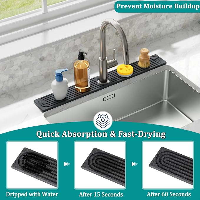 Stone Faucet Mat for Kitchen Sink - Quick Dry Diatomite Sink Splash Guard, Prevents Moisture Buildup & Water Stains, Water Absorbing Stone Tray for Bathroom Countertop (Dark Gray, 30" x 4") - Image 4