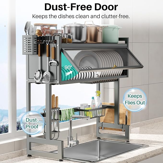 Over the Sink Dish Drying Rack 3 Tier with Dustproof Flip-Up Cover | Large Dish Drainer Storage Counter Organizer,Space-Saving Dish Rack for Dishes and Cutlery,Fits Sinks up to 32 Inches - Image 2