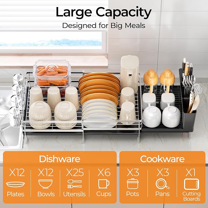 Delamu Stainless Steel Dish Drying Rack, Expandable Dish Drainer | Anti-Rust Dish Racks for Kitchen Counter, Dish Strainers with Drainboard, Utensil & Cup Holder, 13.4"-28.7" L x 11.8" W - Image 3