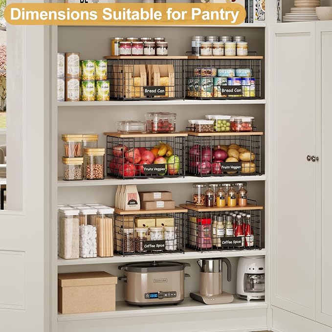 2-Pack Stackable Wire Baskets with 2 Pads & Bamboo Top, Pantry Organizer | Potato and Onion Storage Bin with Labels, Organize Produce/Fruit/Vegetable on Kitchen Counter, Cabinet or Under Sink, XL - Image 6