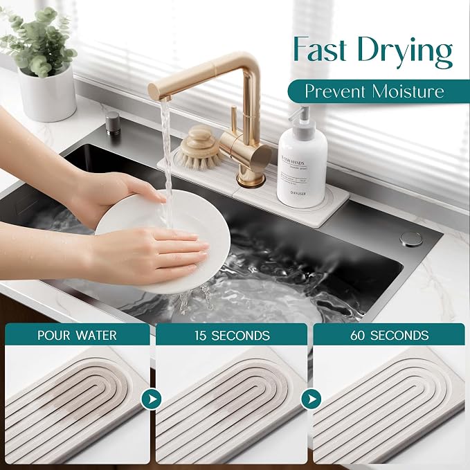 Faucet Mat for Kitchen Sink - Wider Diatomite Fast Drying Stone Sink Tray, Super Absorbent, Prevents Moisture Buildup - Faucet Splash Guard for Bathroom Counter (Light Grey, 15x5.3inch) - Image 3