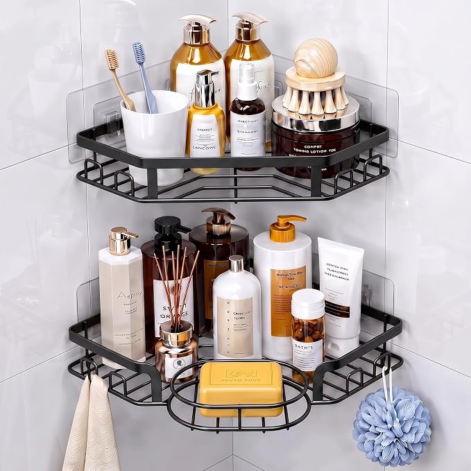 Corner Shower Caddy, Rustproof Shower Organizer with Soap Holder and 8 Hooks, No Drilling Adhesive Shower Shelves for Inside Shower, Large Capacity Shower Rack for Bathroom Shower Storage, Black by MAXIFFE