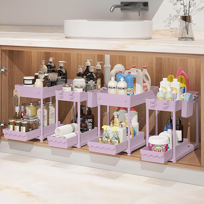 4-Pack 2-Tier Under Sink Organizer with Pull Out Drawers | Multi-use kitchen & bathroom storage. Includes hanging hooks and cups. Pink, space-saving cabinet design. 12.8 Inch by Sevenblue