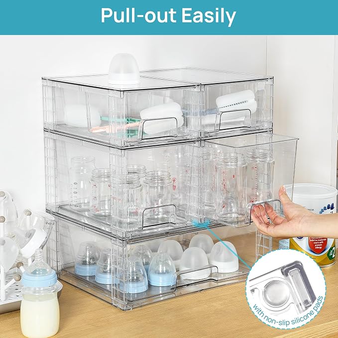Vtopmart Clear Stackable Storage Drawers, 7 Pack Multi Size Set | Wide, Medium and Small Pull-Out PET Drawers for Flexible Organization, Stackable Storage for Cabinets, Closets, Pantry - Image 5