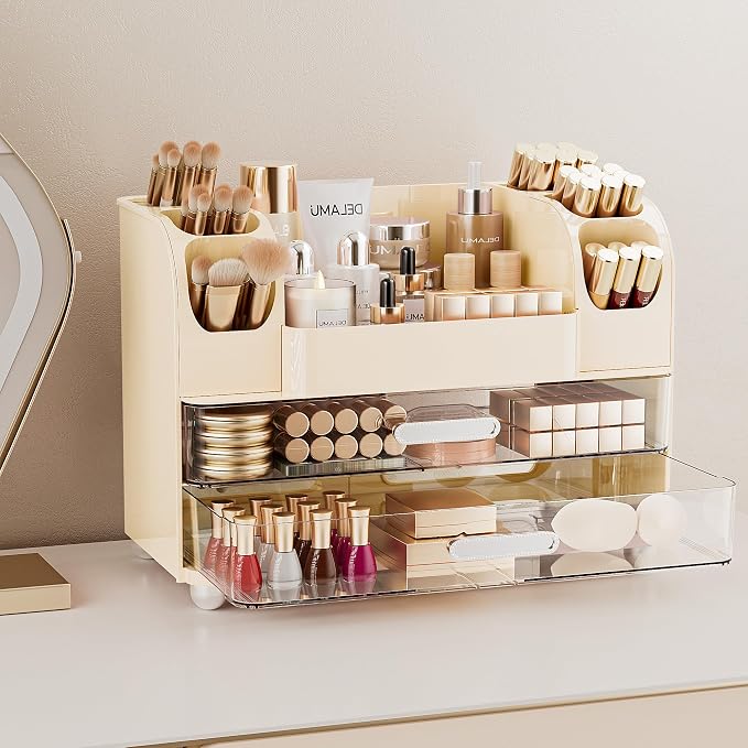 Delamu Large Makeup Organizer Countertop with 6 Brush Holders, Cream White | Vanity Organizer with 2 Drawers, Gift for Women & Girls, Holds Perfume, Skincare, Lipstick, Nail Polish & Hair Accessories - Image 2