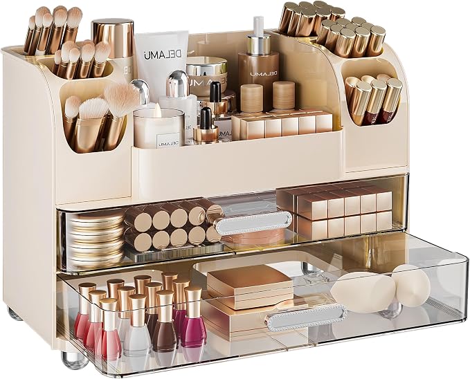 Delamu Large Makeup Organizer Countertop with 6 Brush Holders, Cream White | Vanity Organizer with 2 Drawers, Gift for Women & Girls, Holds Perfume, Skincare, Lipstick, Nail Polish & Hair Accessories by DELAMU