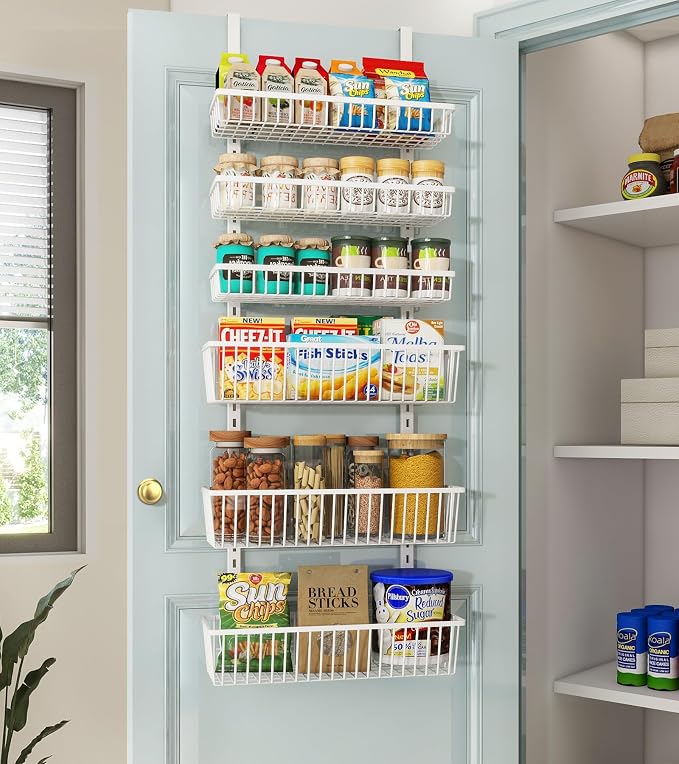 Mefirt Over The Door Pantry Organizer, 6-Tier Deep Baskets, White | Pantry Hanging Organizers and Storage, Adjustable Heavy-Duty Metal for Home & Kitchen, Back of Door Seasoning Rack by Mefirt