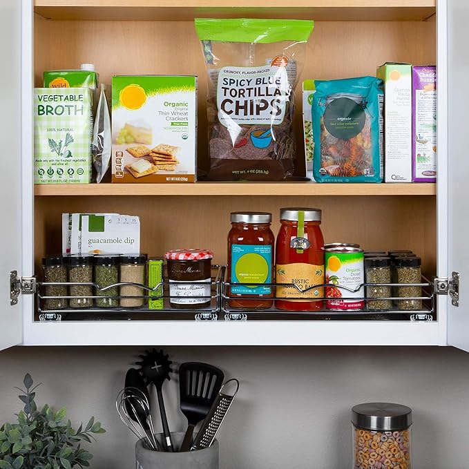 Pull-Out Cabinet Spice Rack Organizer, 12 ⅜"W x 10 ⅜"D x 2 ¾"H | Slim Slide-Out Storage for Spices, Bottles & Jars, Premium Heavy-Duty Steel, Easy Install for Narrow Kitchen Cabinets, Chrome - Image 4