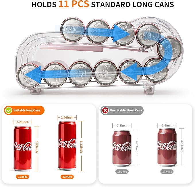 Soda Can Organizer for Refrigerator, Drink Organizer for Fridge, Automatic Rolling Can Dispenser Holder, Organize 11 Pcs Standard 11.15oz or 12oz Long Cans (1 Pack) - Image 3