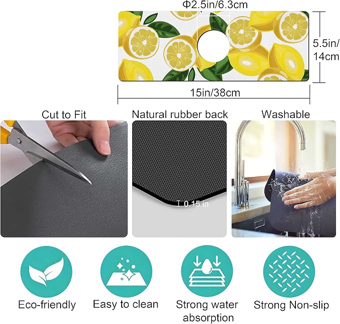 Kitchen Sink Splash Guard Faucet Mat Super Absorbent Fast Drying Mat Sink Gadgets Splash Guard Behind Faucet Drip Catcher for Kitchen (Lemon-1, 15x5.5in) - Image 4