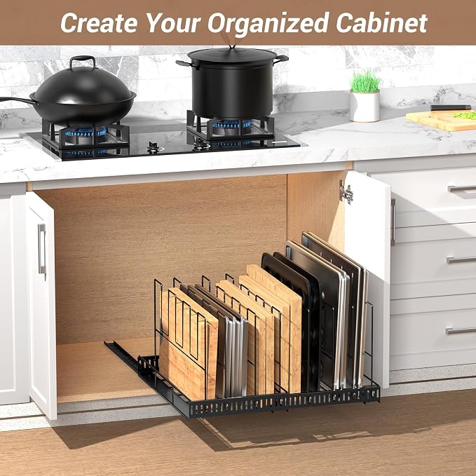 Housolution Pull Out Baking Tray and Cookie Sheet Cutting Board Organizer | 13"-22" Expandable, 21.5" Deep, 8 Adjustable Dividers, Sliding Rail Design, Sturdy Metal Structure, Adhesive/Screw Fixing - Image 8