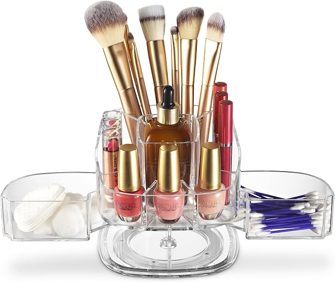 Masirs Small 360 Rotating Makeup Organizer, 5 Compartments, Square Clear | Small 360 Rotating Makeup Organizer, 5 Compartments, Acrylic Mini Lazy Susan, Vanity Bathroom Counter, Square Clear by Masirs