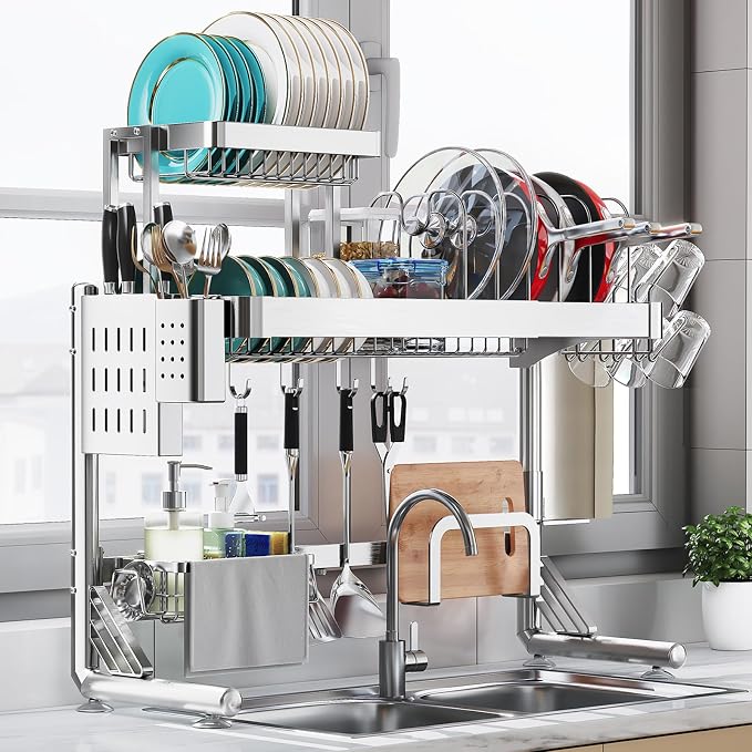 Upgrade 3 Tier Over Sink Dish Drying Rack Adjustable Width | 304 Stainless Steel with Pots and Pans Rack, Modern Large Expandable Kitchen Storage Counter Organizer by Shrivee