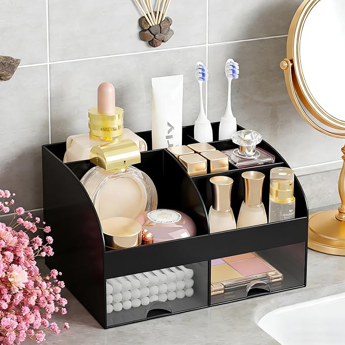 Makeup Organizer with 2 Drawers, Cosmetic Storage for Dresser Vanity and Bathroom Countertop,Make up organization and Skincare Storage with Beauty Brush Holder, Cosmetic Display Case (Black) - Image 6