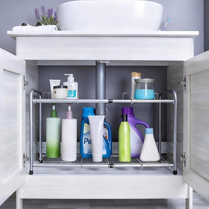 FlagShip 2 Tier Under Sink Organizers and Storage Rack Expandable Cabinet Shelf for Kitchen Bathroom Silver (17-25 inches) - Image 8