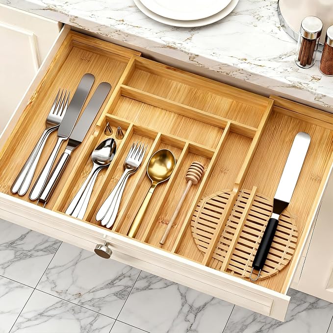 Bamboo Expandable Silverware Drawer Organizer, Adjustable Utensil Tray Cutlery Holder for Kitchen Drawer, Flatware Storage Organizer for Spoons, Forks and Knives, Natural (7 Slot,) - Image 9