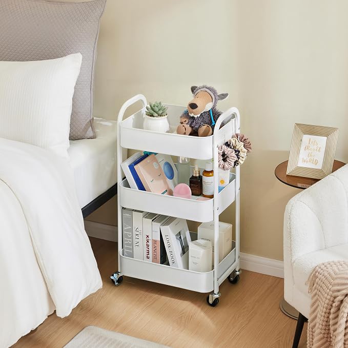 3-Tier Rolling Utility Cart with Caster Wheels,Easy Assembly, White | Easy Assembly, multi-purpose storage trolley for kitchen, rolling cart with smooth caster wheels for bathroom - Image 5